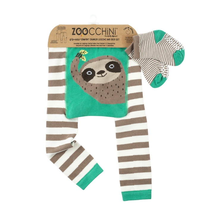 Set pantaloni si sosete copii Silas the Sloth, Zoocchini, Bumbac/Poliamida, 6-12 luni, Maro/Verde