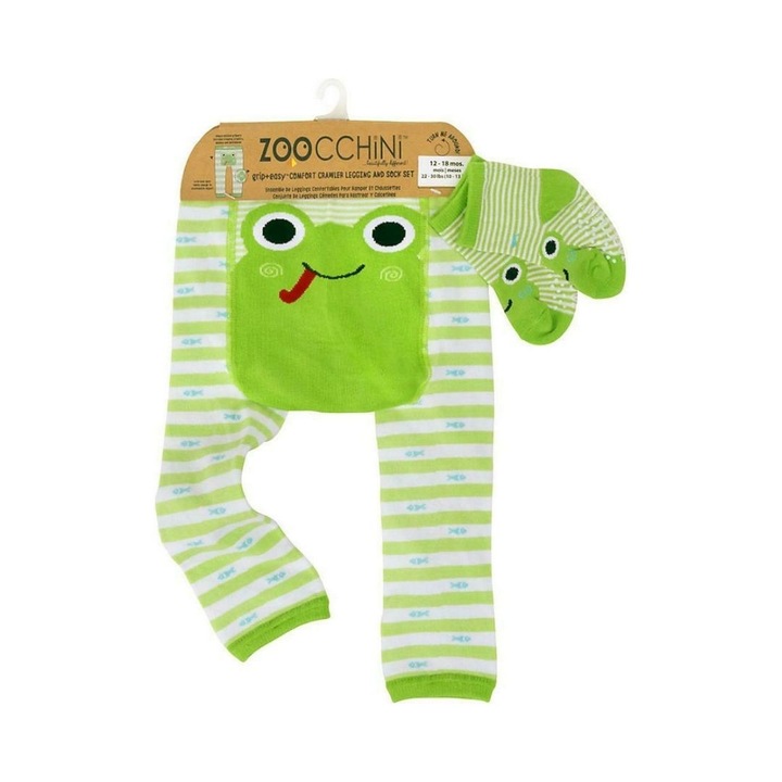 Set pantaloni si sosete copii, Zoocchini, Bumbac/Poliamida, Model broasca, 12-18 luni, Verde