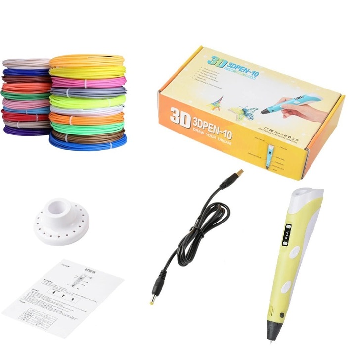 3D ceruza Welora® LCD kijelzővel, 100 méteres filamenttel, PLA és ABS kompatibilis, patron átmérője 1,75 mm, prémium minőségű, sárga