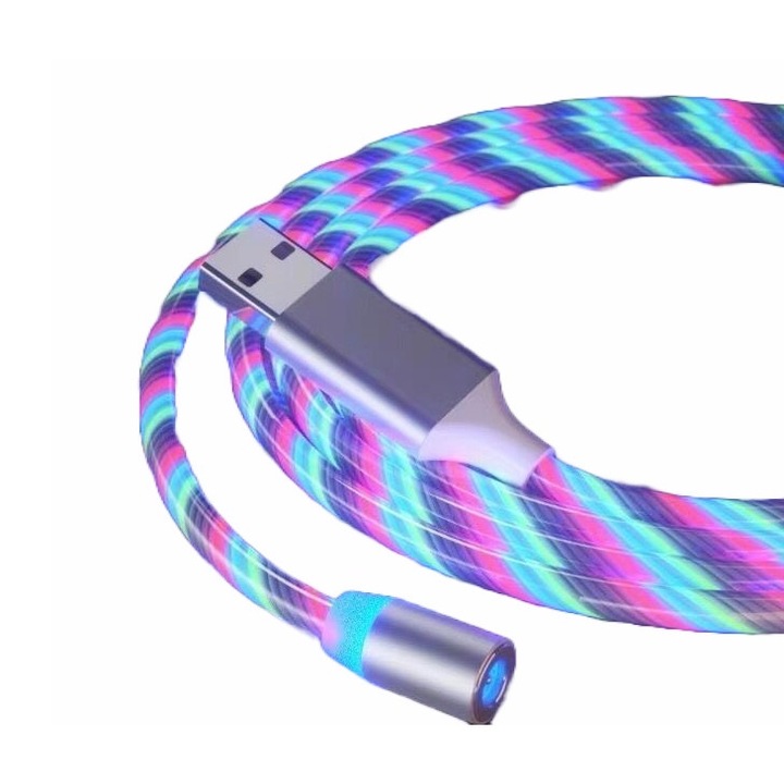 Cablu incarcare X-Cable 360, luminat LED, cu 3 capete magnetice (nu transfera date), 1m, multi-color