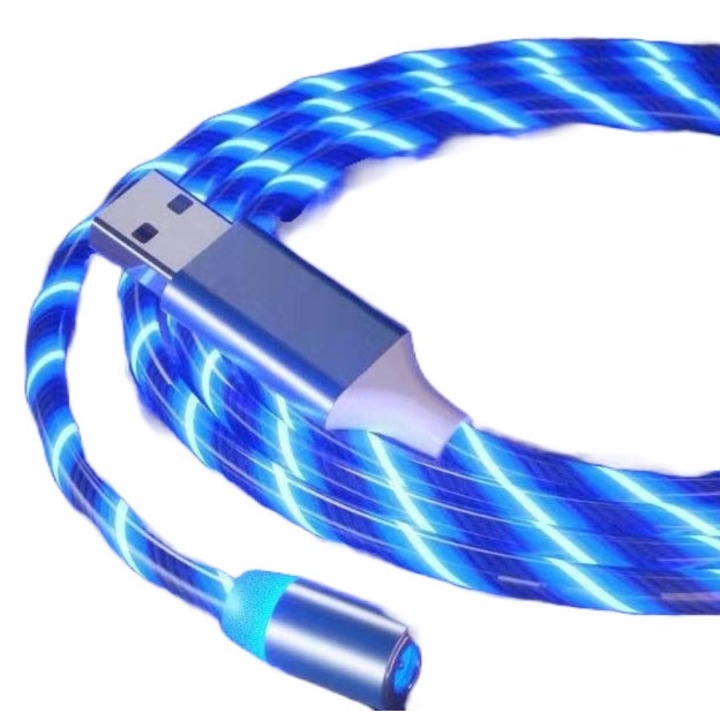 Cablu incarcare X-Cable 360, luminat LED, cu 3 capete magnetice (nu transfera date), 1m, albastru