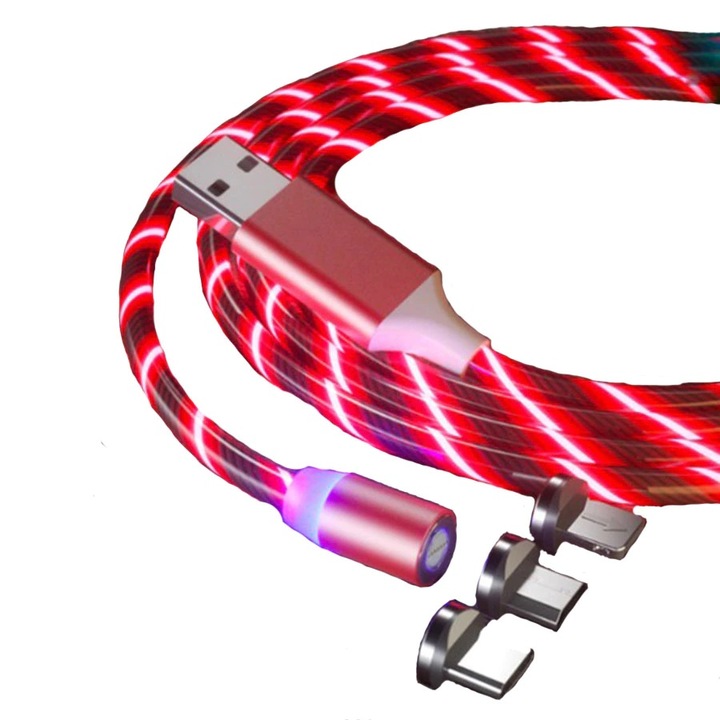 Cablu incarcare X-Cable 360, luminat LED, cu 3 capete magnetice (nu transfera date), 1m, rosu
