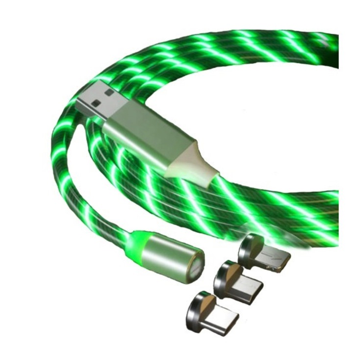 Cablu incarcare X-Cable 360, luminat LED, cu 3 capete magnetice (nu transfera date), 1m, verde