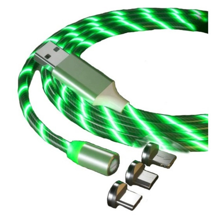 Cablu incarcare X-Cable 360, luminat LED, cu 3 capete magnetice (nu transfera date), 1m, verde