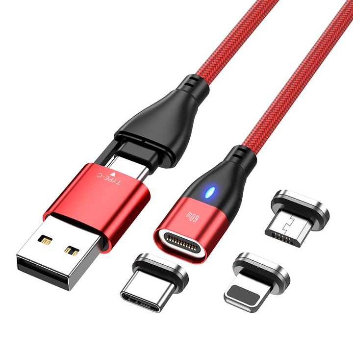 Cablu de date si incarcare rapida, magnetic, 6 in 1, de la Type C sau USB la Type C, Lightning sau Micro-USB, 1.8 m, 100 W, rosu