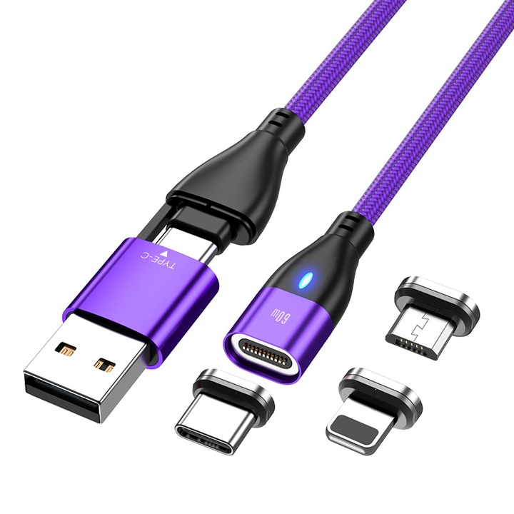 Cablu de date si incarcare rapida, magnetic, 6 in 1, de la Type C sau USB la Type C, Lightning sau Micro-USB, 1.8 m, 100 W, mov