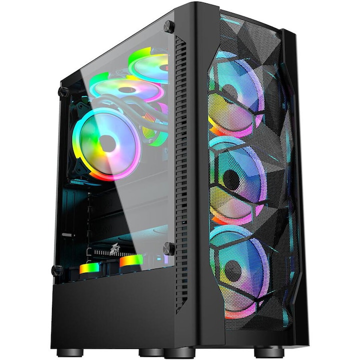 Carcasa 1STPLAYER Gaming DK-D4-bk, ATX, 4 ventilatoare RGB, fara sursa, negru