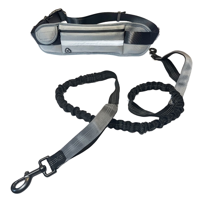 Lesa hands free cu amortizor, pentru alergare 2 in 1 pentru caini, Gri/Negru, 160-260 cm