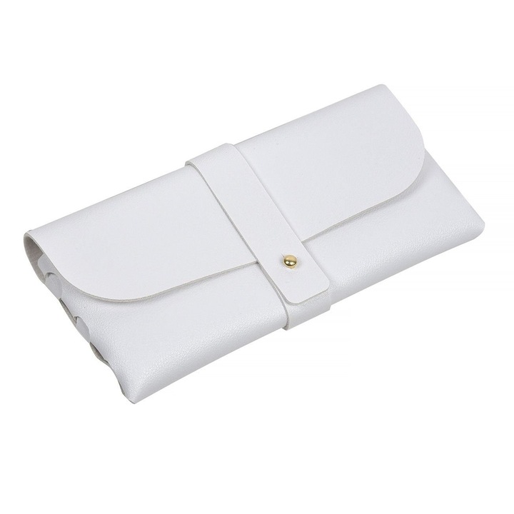 Husa ochelari piele ecologica, inchidere cu nasture, design perforat in lateral, alb, 17x2x8,5 cm