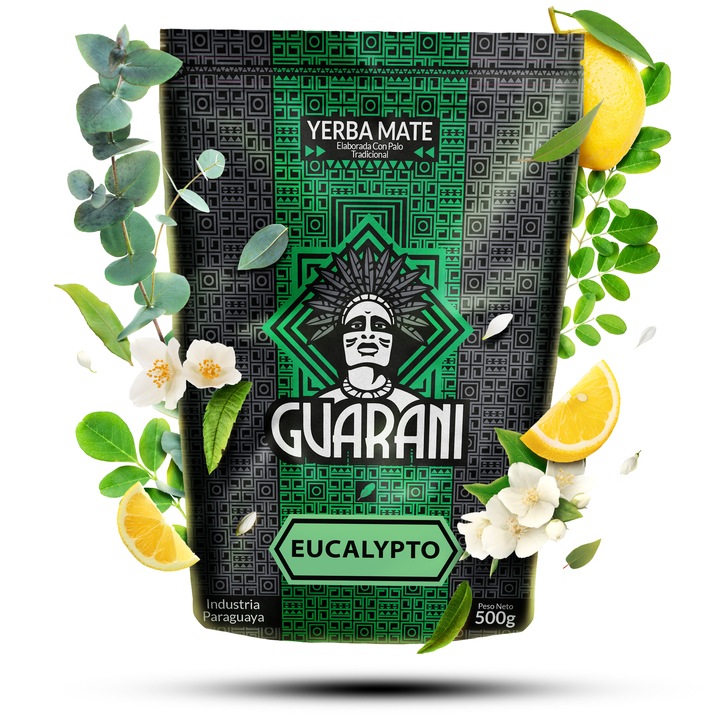 Yerba Mate Tea, Guarani Eucalypto, Paraguayi Füstölt, Energizáló Tartalmaz port és ágacskákat, Tökéletes Melegen és Hidegen Fogyasztva, 500g