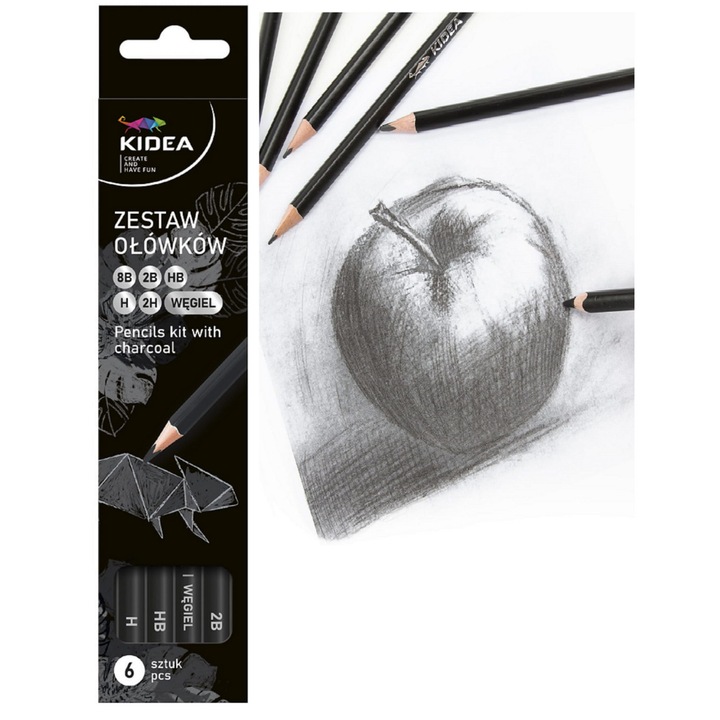 6 db szénceruza készlet, Kidea, fekete, 20 cm x 4,5 cm x 0,8 cm