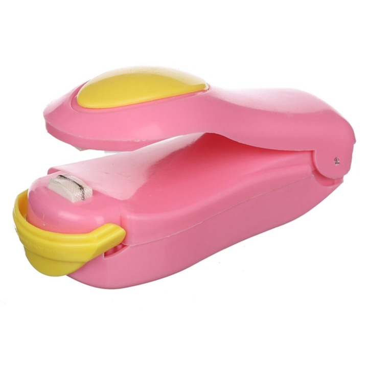 Aparat de sigilat pungi, Zola®, de buzunar, util in orice casa, roz/galben, 10x4x5 cm