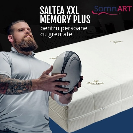 Saltea Somnart XXL Memory Aloe Vera pentru persoane cu greutate. 180x200x25 cm, cu spuma poliuretanica cu 3 cm memorie, husa detasabila, fermitate extra ferma