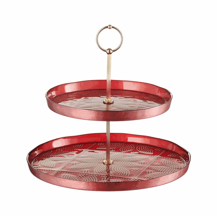 Platou cu 2 etaje MIMOZA, Villa Italia, Sticla, 28 cm, Rosu