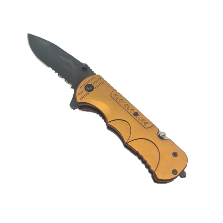 Cutit cu Deschidere Manuala, Sistem Prindere Curea, Otel, Spart Geam, Lama Zimtata, 20 cm, Auriu, Dalimag