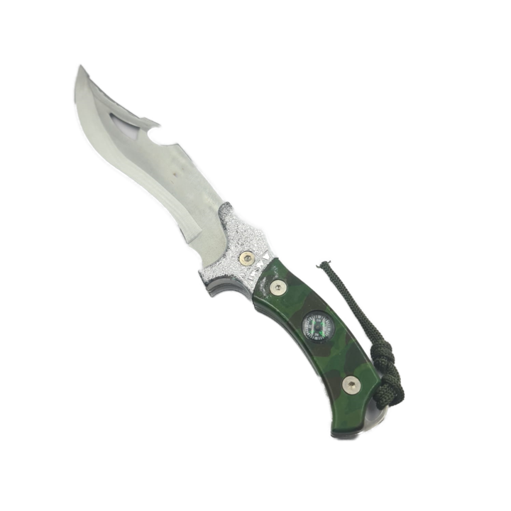 Cutit de Vanatoare cu Busola, Lama Zimtata, Desfacator, Snur, Husa, Otel, 31 cm, Verde, Dalimag