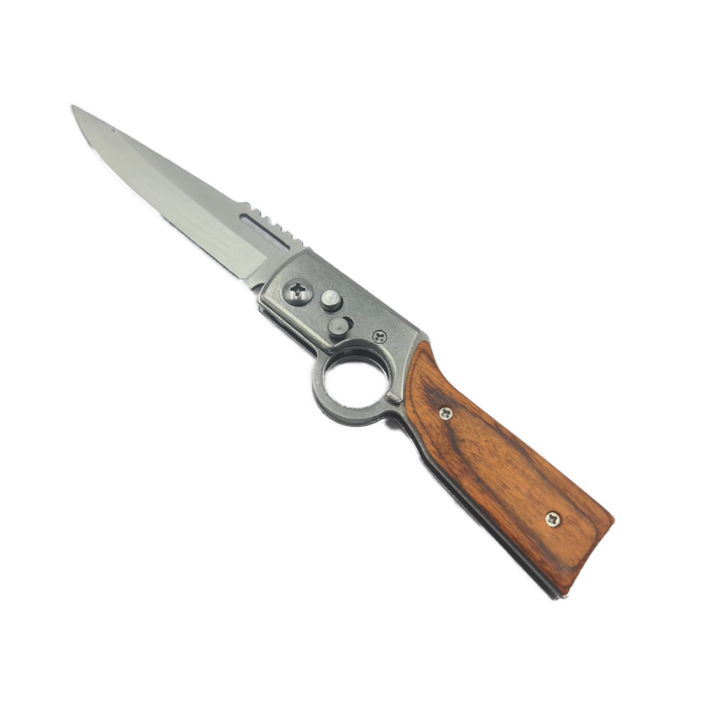 Cutit cu Deschidere Automata pe Buton, Model Cerc, Maner Lemn, Otel, Husa 21 cm, Dalimag