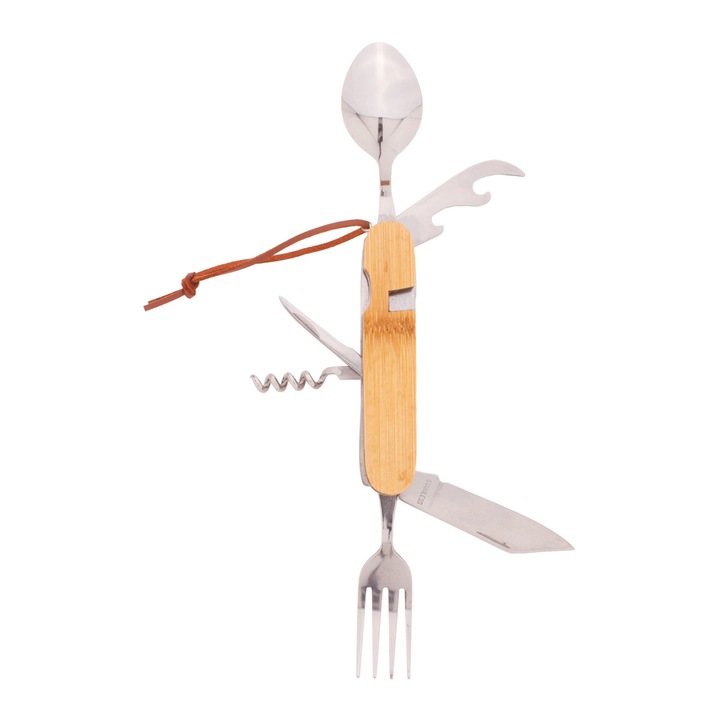 Briceag de buzunar multifunctional, 7 functii: cutit, furculita, lingura, desfacator de sticle si conserve, tirbuson si perforator piele