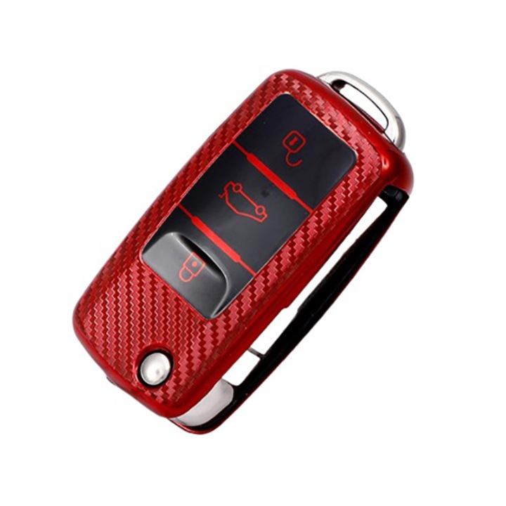 Карбонов калъф за ключ за VW Golf Jetta POLO за Skoda Yeti Superb Rapid Octavia за SEAT Leon Ibiza, Червен