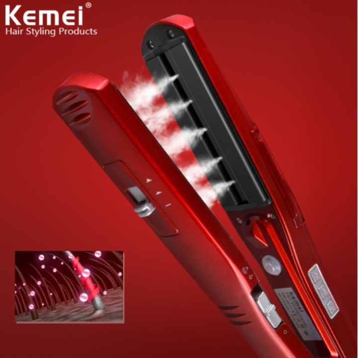 Placa de indreptat parul cu aburi KEMEI®, 5 trepte de temperatura reglabila, ioni (steam) pentru hidratare si protectie, Efect anti-frizz, Cablu rotativ 360°, Ideala pentru toate tipurile de par