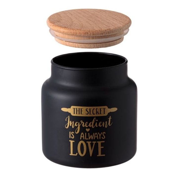 Borcan de depozitare, capac din lemn cu garnitura, cu mesaj, sticla, negru mat/auriu, 635 ml, 10x11cm