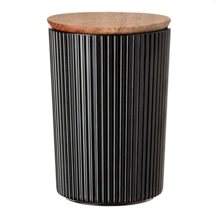 Tárolóedény, dombornyomott függőleges csíkokkal, fa tető szilikongyűrűvel, műanyag, fekete/bézs, 900 ml, 10,5x15 cm