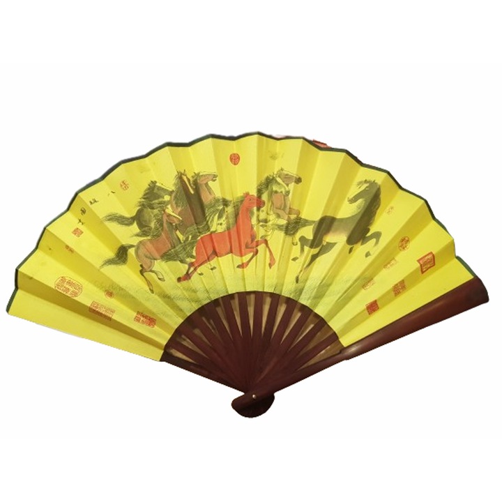 Ahelos legyező, lovak, textil/bambusz, többszínű, 52 x 32 cm