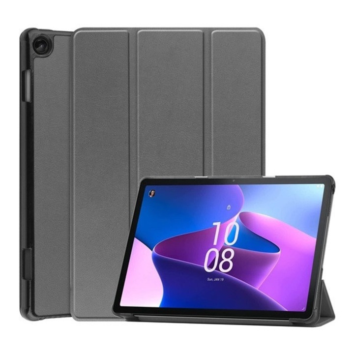 Lenovo Tab M10 (TB-328) Carcasa Gigapack in picioare, efect piele (clapa activa, deschidere laterala, functie de suport pentru masa cu trei orificii) gri, ambalaj gigapack
