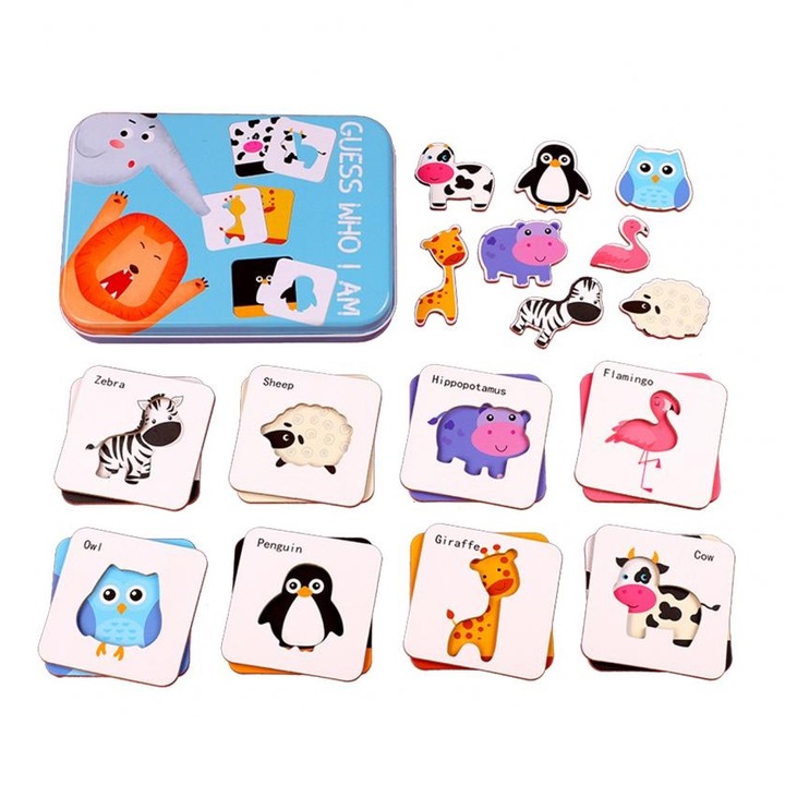 Puzzle din carton in cutie din metal, Guess who I am, Animale salbatice, 24 piese, + 3 ani