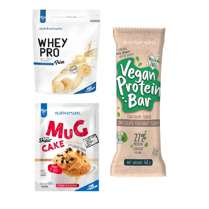Set 3 suplimente proteice, Nutriversum, pudra, desert si baton