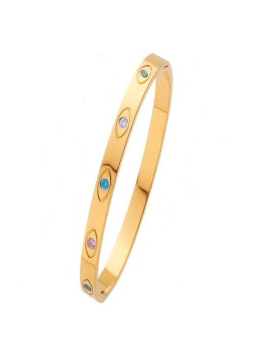 Bratara Bangle 5mm, THK, Pietre zirconiu, otel inoxidabil, 17 cm, placata cu aur 18K, Unisex, Ochi de Paun