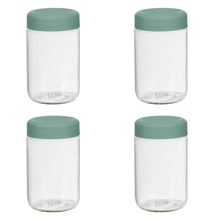 Set 4 borcane de depozitare, capac cu filet, plastic/sticla, verde menta/transparent, 660ml, 8,5x14cm