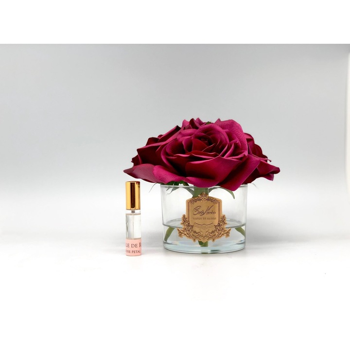 Buchet Decorativ 5 Trandafiri Rosii in Vaza cu Emblema Aurie, plus Parfum Camera