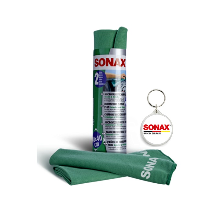 Set 2 laveta din microfibra pentru suprafete interioare si sticla Sonax si breloc Sonax