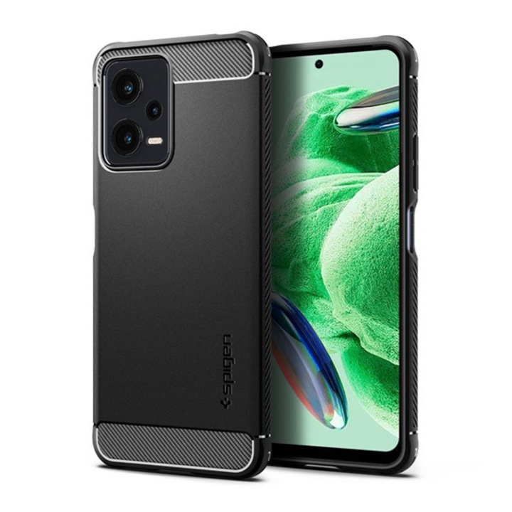 Spigen rugged armor szilikon mobiltelefon tok, ütésállóság, légpárnás sarok, karbon minta, fekete, kompatibilis: Xiaomi Poco X5 5G / Redmi Note 12 5G