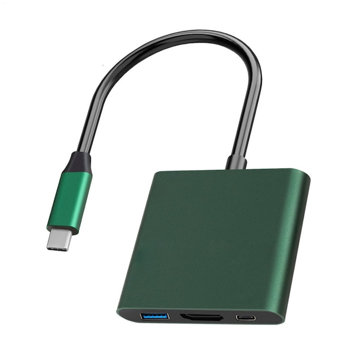 Hub 3 az 1-ben, Bomstom, HDMI/USB-C/USB 3.0, zöld