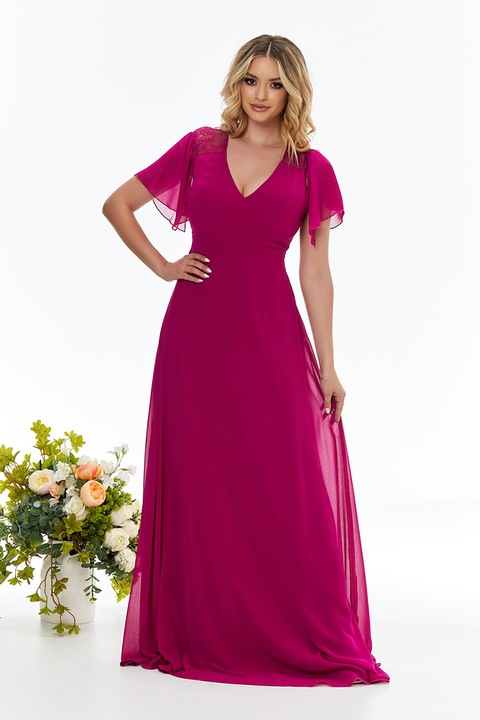 BAROCCA, Rochie maxi cu decolteu in V si segment brodat pe partea din spate, Fucsia