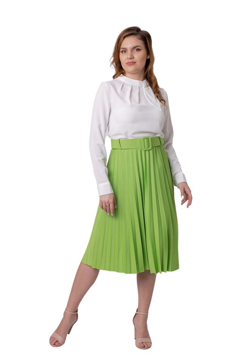 Fusta office plisata verde praz cu centura in talie, Poliester, One Size INTL