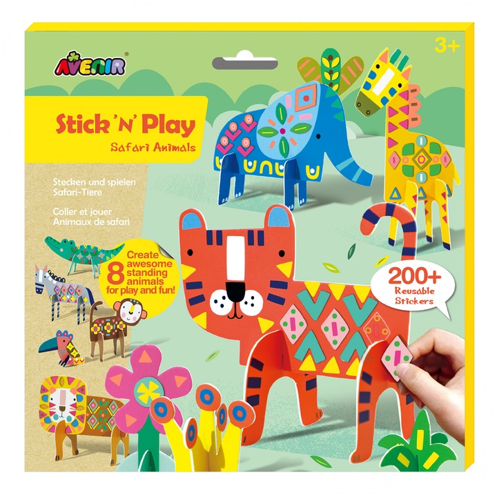 Joc creativ Stick'N'Play cu scene 3D si stickere repozitionabile - Animale Safari, Avenir, 3 ani +