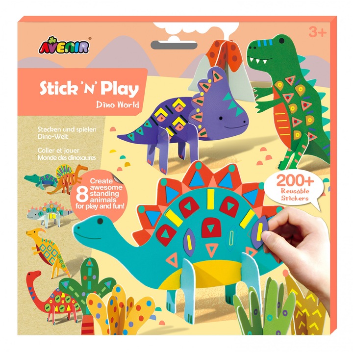 Joc creativ Stick'N'Play cu scene 3D si stickere repozitionabile - Lumea Dinozaurilor, Avenir, 3 ani +