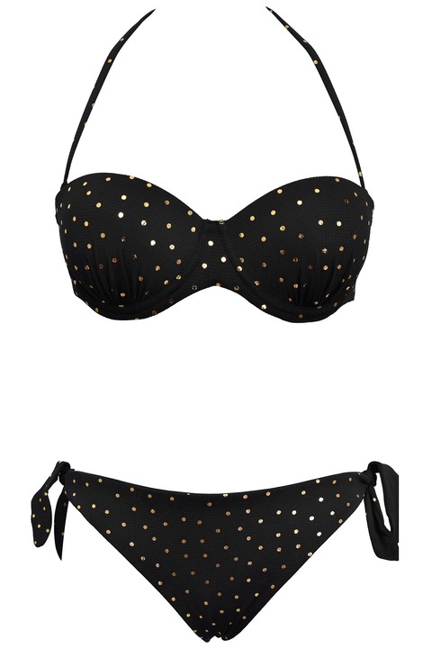 Costum de baie italienesc din doua piese, sutien balconette cu push-up gradual si chilot brazilian, Model de lux stralucitor, Intimamoda Senzationale GP57, Auriu/Negru