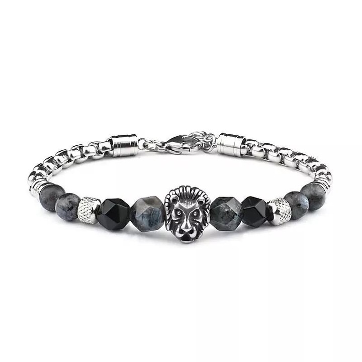 Bratara inox cu pietre semipretioase si Cap de Leu, BeSpecial, BIGO0044, Lungime 22 cm