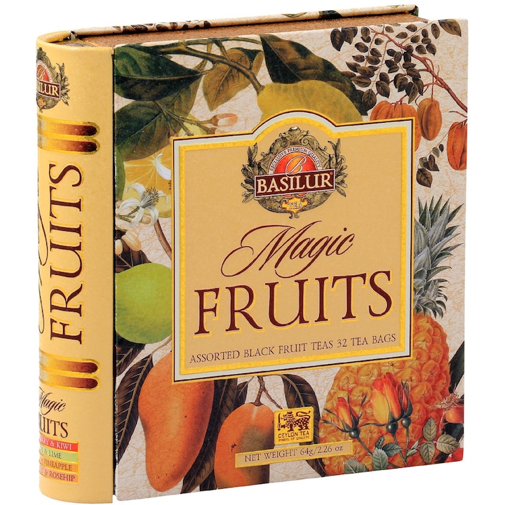 Basilur Ceylon fekete tea, "Magic Fruits", 4 fajta válogatott gyümölccsel, fém, könyv alakú dobozban, 32 tasak, 64 g