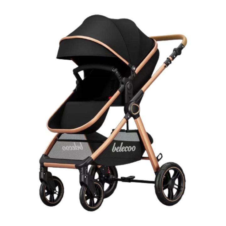 Carucior 2 in 1, Cu landou Reversibil, copertina extensibila, geanta pentru scutece, Belecoo, negru