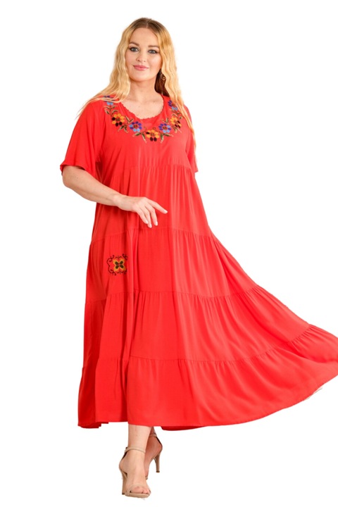 Бохо шик рокля с флорална апликация на бюста, Корал, One Size