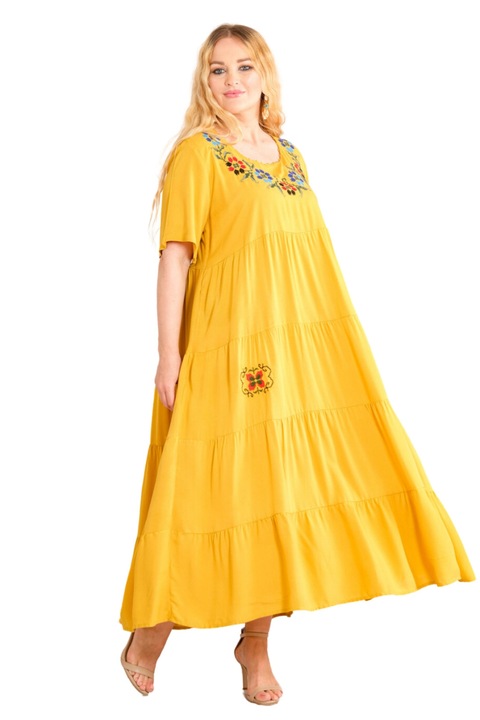 Жълта бохо шик рокля с флорална апликация на бюста, Жълт, One Size