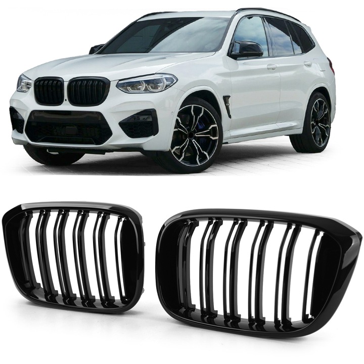 Set Grile Nari Duble M Performance compatibile cu BMW X3 X4 G01 G02 2017+, Negru Lucios