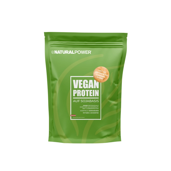 Proteina vegana, Natural Power, aroma Unt de Arahide si Caramel Sarat, 500g
