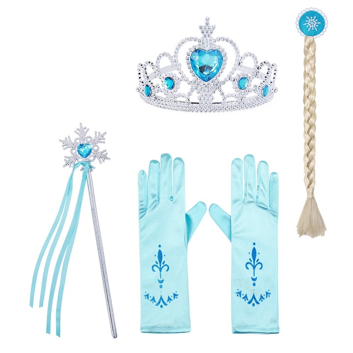 Accesorii pentru printesa Elsa, Joc de rol, Party Chili®, Carnaval, Craciun, Halloween, Frozen, Peruca/Coroana/Sceptre/Manusi, Plastic, Albastru