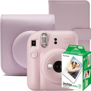 Set aparat foto instant Fujifilm Instax mini 12, Blossom Pink cu husa, album foto si 20 filme